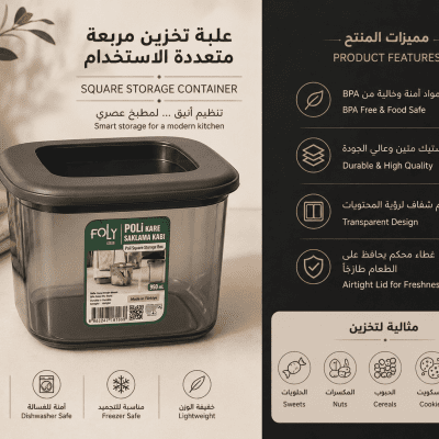 علبة تخزين مربعة بلاستيك 950 مل   950 ml Square Plastic Storage Container