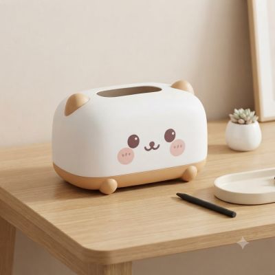 علبة مناديل بلاستيكية بتصميم كرتوني لطيف (على شكل دب / حيوان كيوت - لون بيج/بني).  & : Cute Cartoon Animal Tissue Box Holder / Dispenser (Beige / Warm Brown).