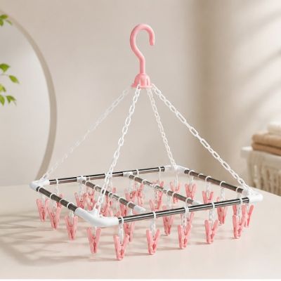 منشر غسيل معلق مستطيل بـ 32 ملقط بلاستيكي وإطار ستانلس ستيل ماركة XIDELAI (لون وردي).  & : XIDELAI Hanging Stainless Steel Laundry Drying Rack with 32 Plastic Pegs/Clips (Pink).