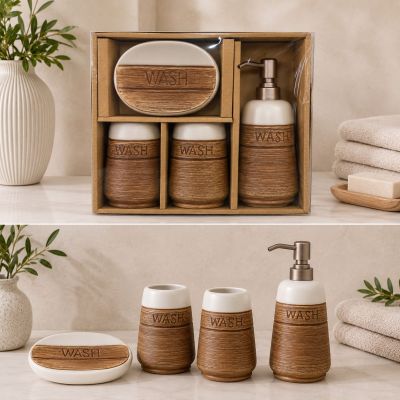 طقم إكسسوارات حمام سيراميك 4 قطع بتصميم خشبي وأبيض محفور كلمة  ( WASH ) "&  4-Piece Ceramic Bathroom Accessories Set with Wooden Texture & "WASH" Engraving