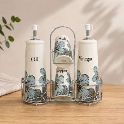 طقم تقديم الزيت والخل والملاحات سيراميك 4 قطع بنقشة زهور مع حامل معدني كروم.  & : 4-Piece Ceramic Oil, Vinegar, Salt & Pepper Cruet Set with Floral Print & Chrome Stand.