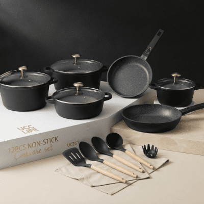 طقم أواني طهي غير لاصقة UCC LIFE - مكون من 12 قطعة (لون أسود) : UCC LIFE 12-Piece Non-Stick Cookware Set - Black