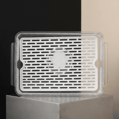 منظم وثلاجة بلاستيك شفاف مع مصفاة داخلية بيضاء : Clear Plastic Storage and Refrigerator Organizer Box with Internal White Draining Tray