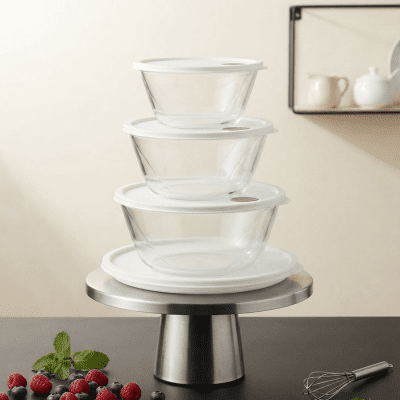 طقم بولات / أطباق حفظ طعام شفافة بغطاء أبيض متدرجة الحجم : Stacked Clear Food Storage Bowls Set with White Lids