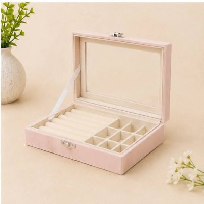 : صندوق منظم مجوهرات قطيفة غطاء زجاجي - وردي فاتح.   &: Pink Velvet Jewelry Organizer Box with Glass Lid Display.