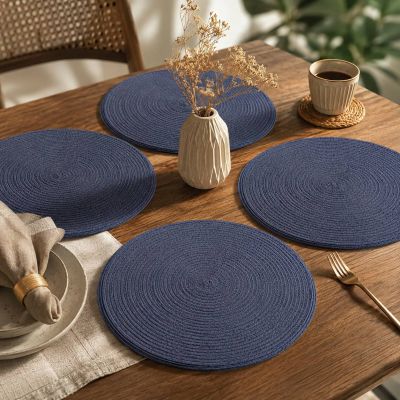 طقم مفارش سفرة دائرية مجدولة 4 قطع - أزرق كحلي (OXFORD Home Secret).  & : OXFORD Home Secret 4-Piece Round Braided Placemat Set - Navy Blue.