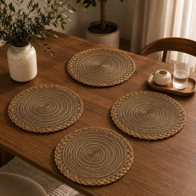 طقم مفارش سفرة دائرية مجدولة مع إطار ضفيرة 4 قطع - بني ذهبي / خشب دافئ (OXFORD Home Secret).  & : OXFORD Home Secret 4-Piece Round Braided Placemat Set with Braided Border - Golden Brown / Warm Wood.