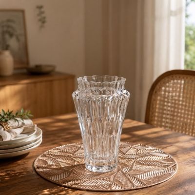 مزهرية زجاجية شفافة بتصميم كريستالي محفور وفوهة مموجة (Fluted Crystal-Cut Glass Vase).  & : Clear Fluted Crystal-Cut Glass Flower Vase with Scalloped Edge.