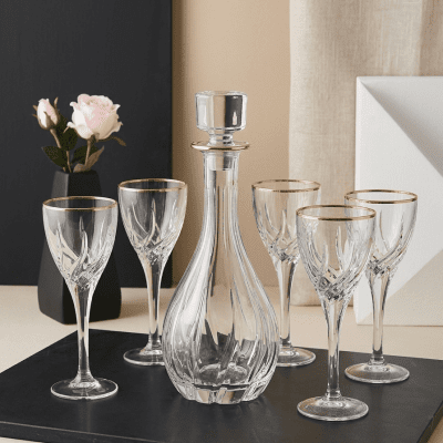 طقم تقديم كريستال انسيابي بحواف ذهبية (7 قطع) Elegant Curved Crystal Decanter & Glass Set (7 Pieces)