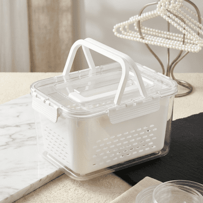 منظم ثلاجة أكريليك قطعتين (علبة حفظ + صفاية داخلية) سعة 3 لتر 2-Piece Acrylic Fridge Organizer Set (Storage Box + Inner Colander) - 3L Capacity