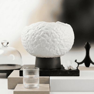 وعاء ضيافة بورسلين بملمس صخري وقاعدة خشبية داكنة Premium Textured Porcelain Fruit Bowl with Dark Wooden Base
