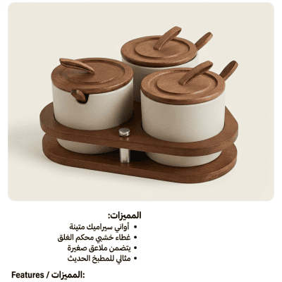طقم توابل سيراميك مع قاعدة خشبية (3 قطع).  3-Piece Ceramic Spice Jar Set with Wooden Base.