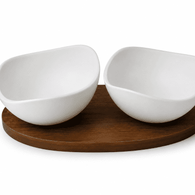 طقم 2 وعاء سيراميك مع قاعدة خشبية  2-Piece Ceramic Bowl Set with Wooden Base