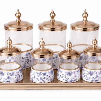 طقم برطمانات زجاج 7 قطع مع صينية): 7-Piece Glass Storage Jar Set with Tray
