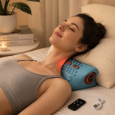جهاز  مساج وتعديل انحناء العنق الكهربائية بالحرارة والاهتزاز مع جهاز تحكم (Electric Heating Wave Vibration Cervical Pillow - Dr. Meeti).  & : Dr. Meeti Electric Heating Wave Vibration Cervical Traction Massage Pillow.