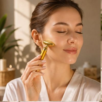 طقم جهاز تدليك ونحت الوجه الذهبي 3 في 1 بالاهتزاز (3 in 1 Energy Beauty Bar Facial Massager - Gold).  |: 3 in 1 Energy Beauty Bar Electric Facial Massager Set (Gold).