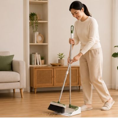طقم مكنسة وجاروف بمقبض طويل ومشط لتنظيف الشعيرات (Long Handle Broom and Dustpan Combo Set).  |: Long Handle Broom and Dustpan Combo Set with Comb Teeth.