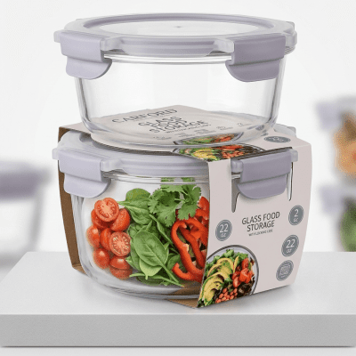 طقم حافظات طعام زجاجية دائرية مع أغطية محكمة الإغلاق (قطعتين). 2-Piece Circular Glass Food Storage Container Set with Locking Lids.