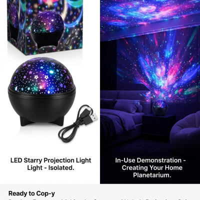 جهاز بروجيكتور ومصباح ليد لعرض النجوم والمجرة - إضاءة ليلية دوارة لغرفة النومLED Starry Sky & Galaxy Projector Night Light - 360&deg; Rotating Bedside Lamp