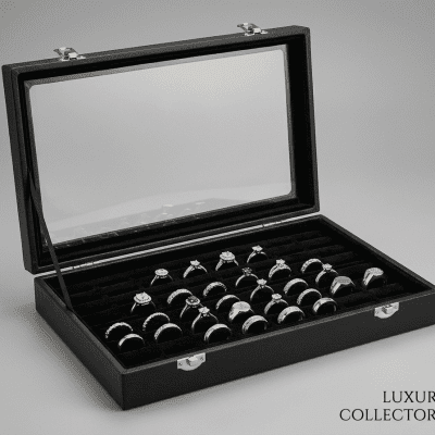 علبة تنظيم وعرض الخواتم والمجوهرات الفاخرة - غطاء زجاجي شفاف وبطانة مخملية Luxury Ring & Jewelry Display Organizer Case - Clear Glass Top & Velvet Liner