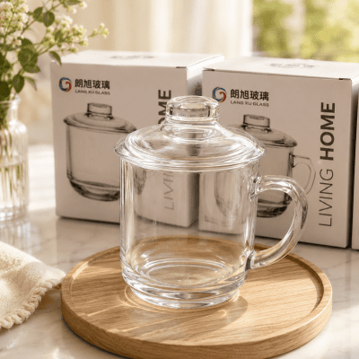 كوب زجاج بغطاء بجوده عاليهHigh-quality glass cup with lid 