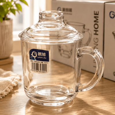 كوب زجاج بغطاء كبير بجوده عاليهHigh-quality glass cup with a large lid 