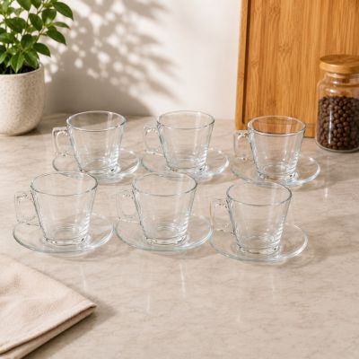 طقم فناجين زجاجية مع أطباق للشاي والقهوة 12 قطعة من باشاباجي - موديل فيلا (Paşabah&ccedil;e Vela 12 Pcs Glass Tea Set).  |: Paşabah&ccedil;e Vela 12-Piece Glass Cups and Saucers Set.