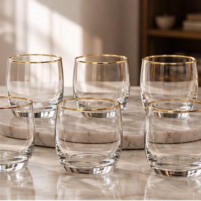 طقم كاسات زجاجية للمياه والعصائر بحافة ذهبية 6 قطع من باشاباجي - موديل بوليرو (Paşabah&ccedil;e Bolero 6-Piece Gold Rim Glass Tumblers Set).  |: Paşabah&ccedil;e Bolero 6-Piece Gold Rim Water & Juice Glasses Set.