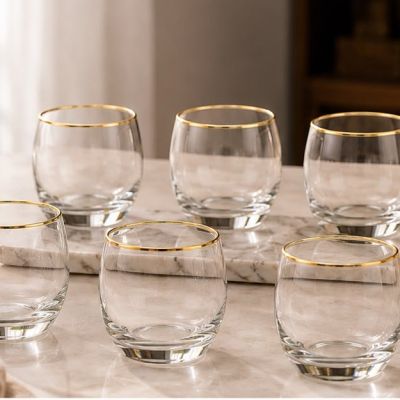 طقم كاسات زجاجية للمياه والعصائر بحافة ذهبية 6 قطع من باشاباجي - موديل باريل (Paşabah&ccedil;e Barrel 6-Piece Gold Rim Glass Tumblers Set).  |: Paşabah&ccedil;e Barrel 6-Piece Gold Rim Water & Juice Glasses Set.