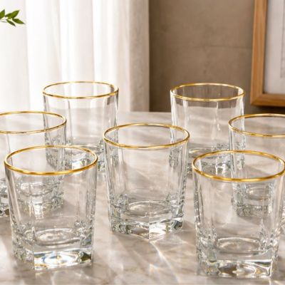 طقم كاسات زجاجية للمياه والعصائر بحافة ذهبية 6 قطع من باشاباجي - موديل كاريه (Paşabah&ccedil;e Carre 6-Piece Gold Rim Glass Tumblers Set).  |: Paşabah&ccedil;e Carre 6-Piece Gold Rim Water & Juice Glasses Set.