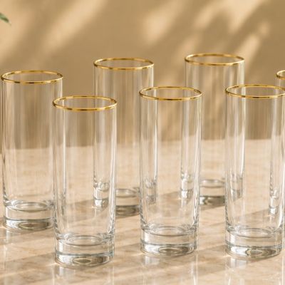 طقم أكواب زجاجية طويلة للمياه والعصائر بحافة ذهبية 6 قطع من باشاباجي - موديل سايد (Paşabah&ccedil;e Side 6-Piece Gold Rim Highball Glass Tumblers Set).  |: Paşabah&ccedil;e Side 6-Piece Gold Rim Highball Water & Juice Glasses Set.