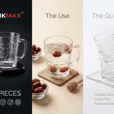 طقم مجات زجاجية منقوشة بلينك ماكس (6 قطع).Blinkmax Patterned Glass Mug Set (6 Pieces)