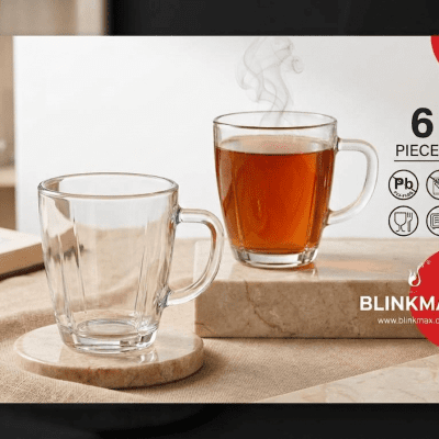 طقم مجات زجاجية مضلعة طولياً بلينك ماكس (6 قطع).Blinkmax Vertically Ribbed Glass Mug Set (6 Pieces).
