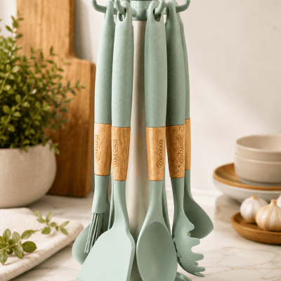 طقم توزيع سيلكون 6قطع عل حامل معدن 6-piece silicone dispenser set on a stand 