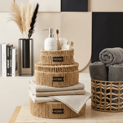 طقم منظمات وسلات خوص هوم (3 قطع : Home Braid Straw Organizer Baskets Set (3 Pieces).