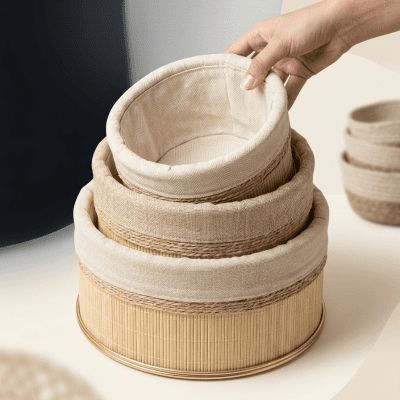 )طقم منظمات خيزران مبطنة بالقماش (3 قطع متداخلة)Fabric-Lined Bamboo Storage Basket Set (3 Pcs Nesting)