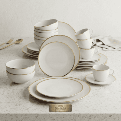 طقم عشاء بورسلين خط دهبي 24قطعه كوب كريميPorcelain dinner set with gold trim, 24 pieces, cream-colored cup 