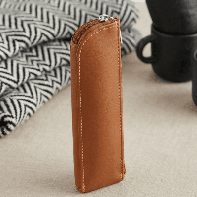 مقلمة/جراب أقلام جلدي أنيق بسحاب (لون بني جملي) Elegant Leather Zippered Pen Case/Pouch (Camel Brown)