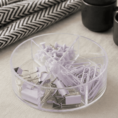 منظم مكتبي دائري شفاف متعدد الأقسام (لوازم مكتبية باللون البنفسجي الفاتح) Clear Circular Desk Organizer with Multiple Compartments (Light Purple Office Supplies)