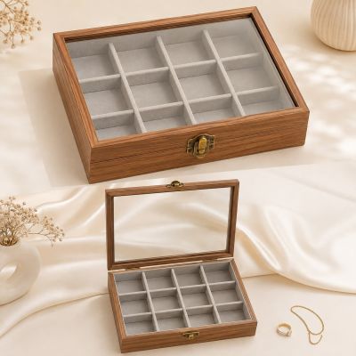 صندوق منظم مجوهرات خشبي بغطاء زجاجي شفاف وبطانة مخملية مقسم لعدة خانات & Wooden jewelry organizer box with clear glass lid and velvet-lined multi-compartment storage