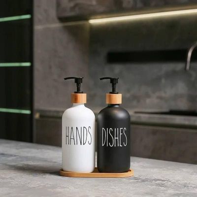 2-Piece Glass Shower Dispenser Set, 500 ml Capacity, with Wooden Holder