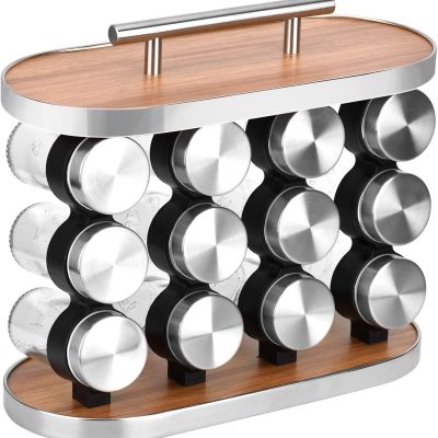 360&deg; Rotating Multi-Function Stainless Steel Spice Set, 12Jars, Bamboo & Metal Kitchen Rack