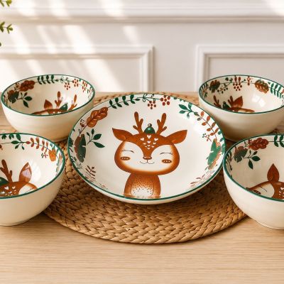 5 PCS Ceramic Bowl Set &ndash; Deer Design  Material: High Quality Ceramic Includes: 1 Plate + 4 Bowls Design: Cute Deer Pattern Color: White, Brown & Green Origin: Made in China  Elegant, durable, and perfect for