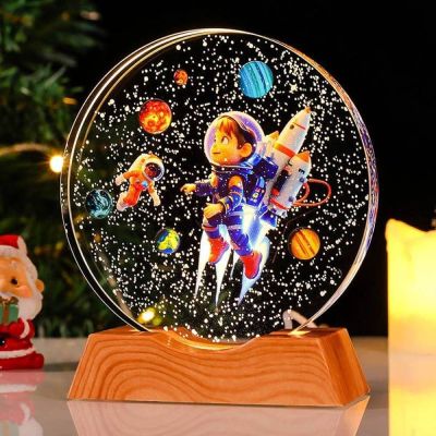 3DCrystal Solar System LED Night Lamp with Wooden Base | Galaxy Planets Engraved Crystal Ball Light | Astronaut Space Lamp for Kids Room | Home Decor Gift (Astronaut Crystal Ball
