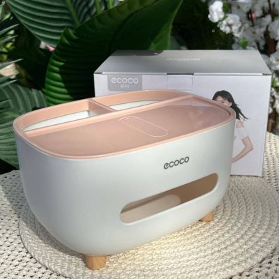 &nbsp;Ecoco Tissue Box with a sleek white and pink design, featuring a removable top lid and a built-in mobile phone holder. The multifunctional organizer is designed to store tissues, makeup tools, and other small items while keeping them within easy rea