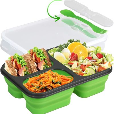 Collapsible Silicone Bento Lunch Box, 3 Compartment 