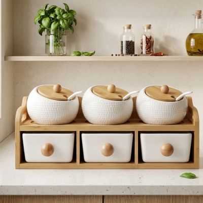 The ultimate kitchen organizer. Keep your spices and essentials perfectly stored in this chic wooden-ceramic set."