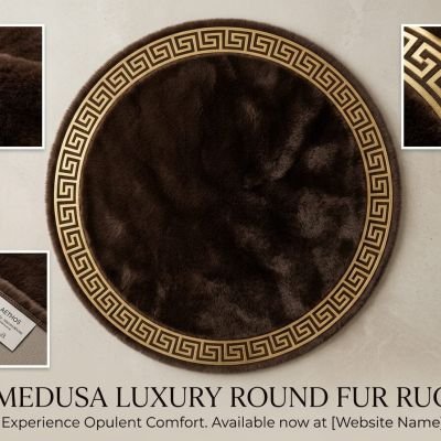 Make a grand statement with our Medusa Luxury Round Fur Rug. The combination of dense chocolate-brown faux fur and a striking golden Greek key border creates an atmosphere of pure sophistication.
