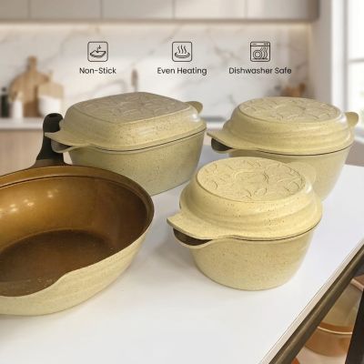 Upgrade your cooking game with the complete 5-piece set! 🤍 Whether you're simmering, searing, or saut&eacute;ing, our Turaath granite collection ensures even heating and effortless cleanup every single time. Designed for those who value beauty and quality