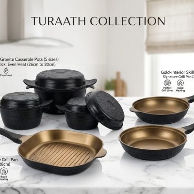 From rapid heating to professional grill marks, the Turaath Signature Series is engineered for the home chef. With a premium non-stick gold interior and a sleek matte granite exterior, it&rsquo;s where durability meets design.
